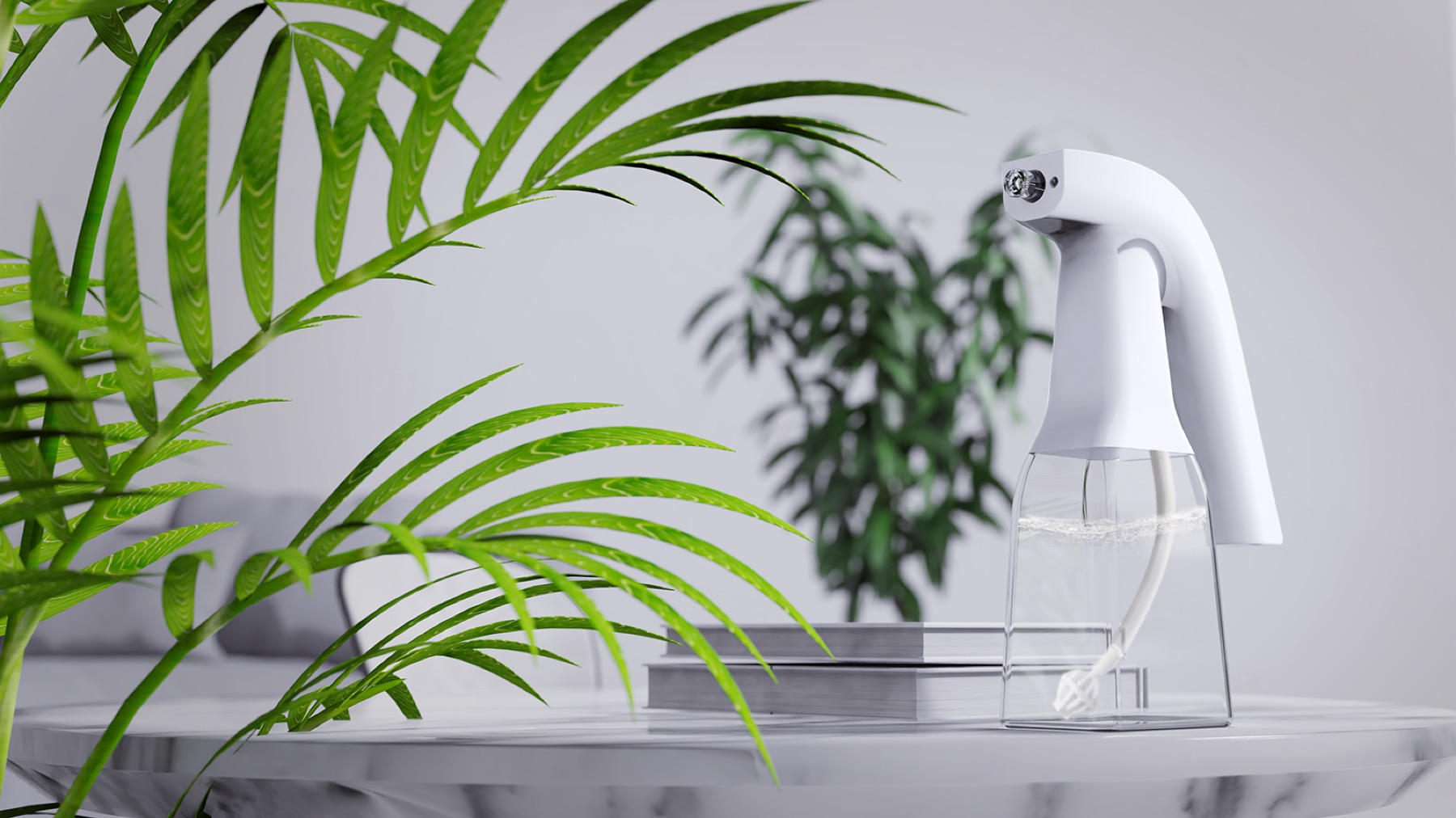 H2Ozon sprayer naast groene planten